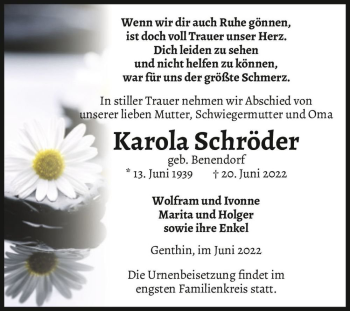 Traueranzeige von Karola Schröder (geb. Benendorf)  von Magdeburger Volksstimme