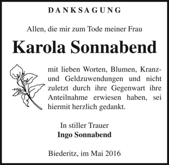 Traueranzeige von Karola Sonnabend  von Magdeburger Volksstimme