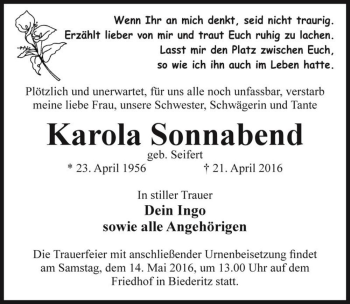 Traueranzeige von Karola Sonnabend (geb. Seifert)  von Magdeburger Volksstimme