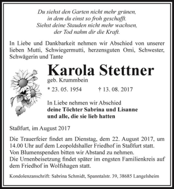 Traueranzeige von Karola Stettner (geb. Krummbein)  von Magdeburger Volksstimme