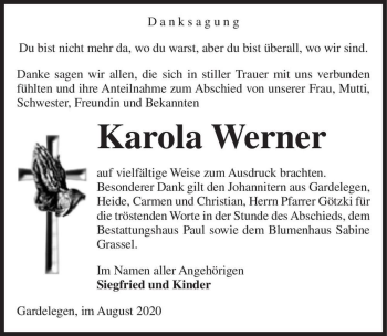 Traueranzeige von Karola Werner  von Magdeburger Volksstimme