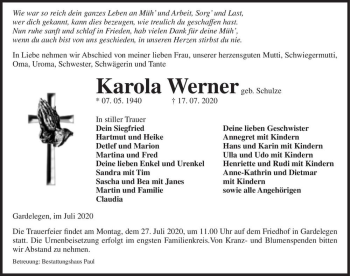 Traueranzeige von Karola Werner (geb. Schulze)  von Magdeburger Volksstimme
