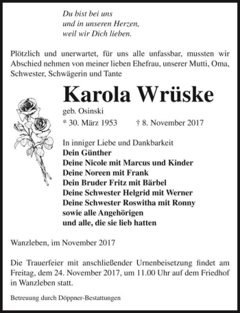 Traueranzeige von Karola Wrüske (geb. Osinski)  von Magdeburger Volksstimme