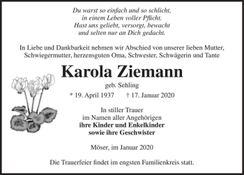 Traueranzeige von Karola Ziemann (geb. Sehling)  von Magdeburger Volksstimme