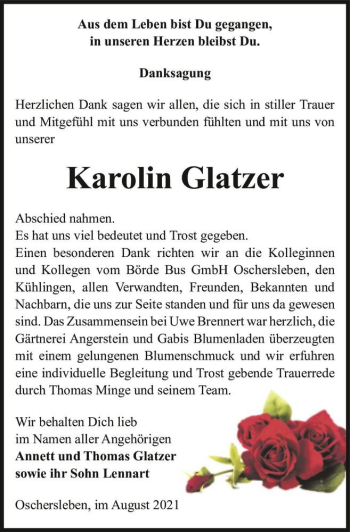 Traueranzeige von Karolin Glatzer  von Magdeburger Volksstimme
