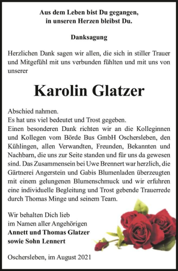 Traueranzeige von Karolin Glatzer  von Magdeburger Volksstimme