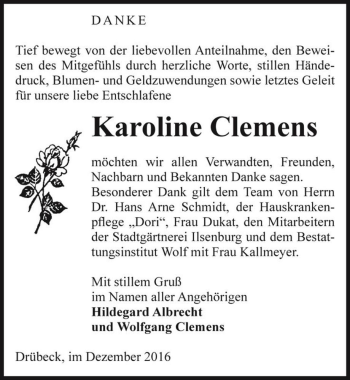 Traueranzeige von Karoline Clemens  von Magdeburger Volksstimme