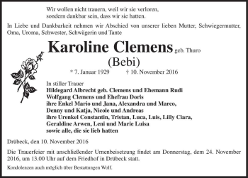 Traueranzeige von Karoline Clemens (geb. Thuro (Bebi))  von Magdeburger Volksstimme