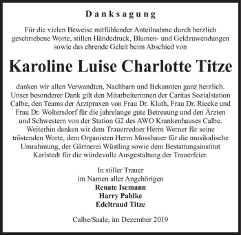 Traueranzeige von Karoline Luise Charlotte Titze  von Magdeburger Volksstimme