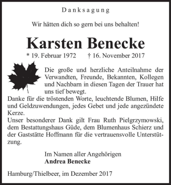 Traueranzeige von Karsten Benecke  von Magdeburger Volksstimme
