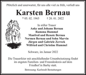 Traueranzeige von Karsten Bernau  von Magdeburger Volksstimme