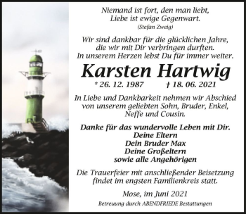 Traueranzeige von Karsten Hartwig  von Magdeburger Volksstimme