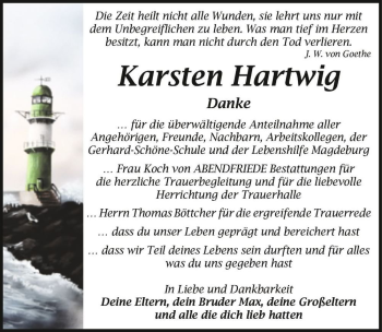 Traueranzeige von Karsten Hartwig  von Magdeburger Volksstimme