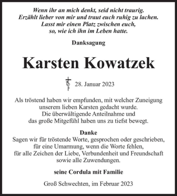 Traueranzeige von Karsten Kowatzek  von Magdeburger Volksstimme