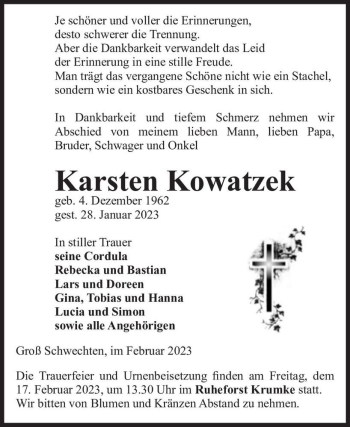 Traueranzeige von Karsten Kowatzek  von Magdeburger Volksstimme