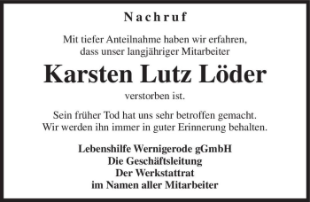 Traueranzeige von Karsten Lutz Löder  von Magdeburger Volksstimme