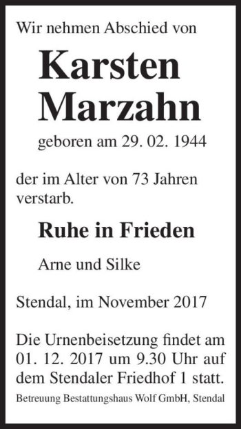Traueranzeige von Karsten Marzahn  von Magdeburger Volksstimme