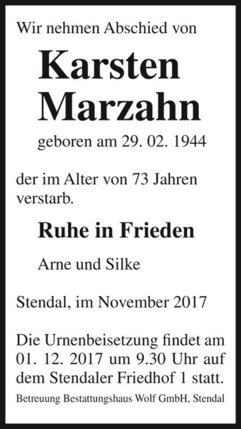 Traueranzeige von Karsten Marzahn  von Magdeburger Volksstimme