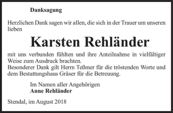 Traueranzeige von Karsten Rehländer  von Magdeburger Volksstimme