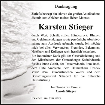 Traueranzeige von Karsten Stieger  von Magdeburger Volksstimme