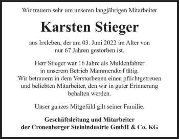 Traueranzeige von Karsten Stieger  von Magdeburger Volksstimme