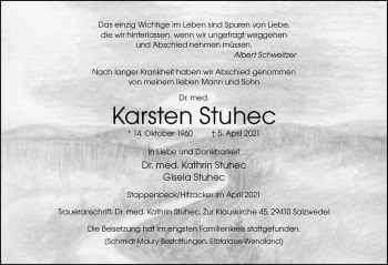 Traueranzeige von Karsten Stuhec  von Magdeburger Volksstimme
