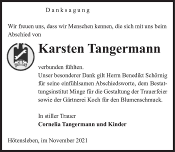 Traueranzeige von Karsten Tangermann  von Magdeburger Volksstimme
