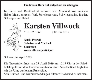 Traueranzeige von Karsten Villwock  von Magdeburger Volksstimme