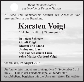 Traueranzeige von Karsten Voigt  von Magdeburger Volksstimme