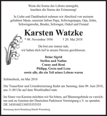 Traueranzeige von Karsten Watzke  von Magdeburger Volksstimme