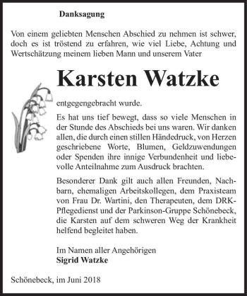 Traueranzeige von Karsten Watzke  von Magdeburger Volksstimme