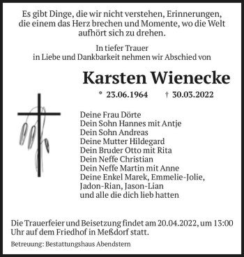 Traueranzeige von Karsten Wienecke  von Magdeburger Volksstimme