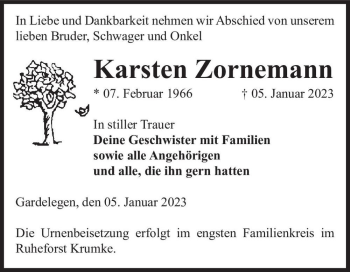 Traueranzeige von Karsten Zornemann  von Magdeburger Volksstimme