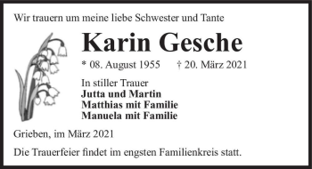 Traueranzeige von Kartin Gesche  von Magdeburger Volksstimme