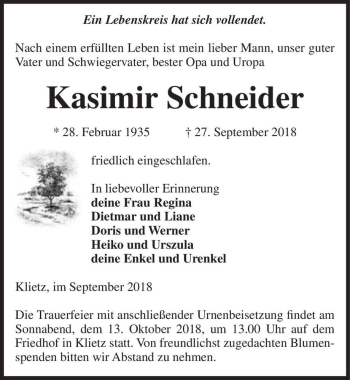 Traueranzeige von Kasimir Schneider  von Magdeburger Volksstimme