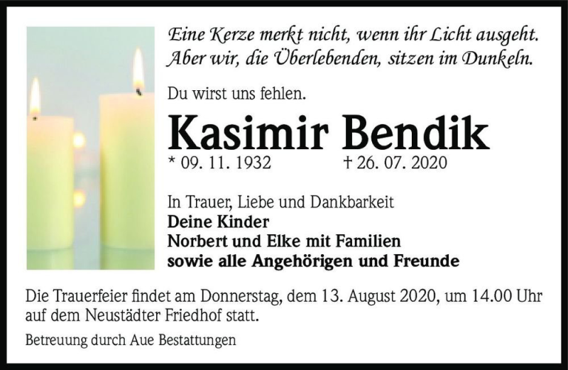  Traueranzeige für Kasmir Bendik  vom 08.08.2020 aus Magdeburger Volksstimme