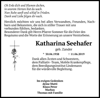 Traueranzeige von Katarina Seehafer (geb. Zander)  von Magdeburger Volksstimme