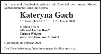 Traueranzeige von Kateryna Gach  von Magdeburger Volksstimme