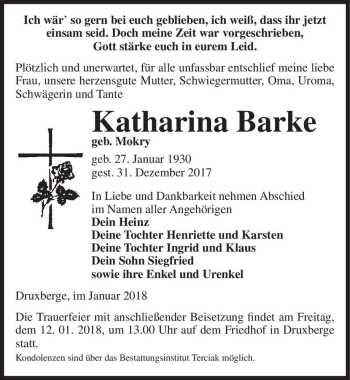Traueranzeige von Katharina Barke (geb. Mokry)  von Magdeburger Volksstimme