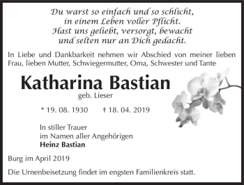 Traueranzeige von Katharina Bastian (geb. Lieser)  von Magdeburger Volksstimme