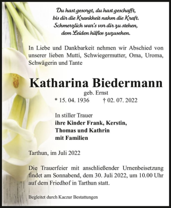 Traueranzeige von Katharina Biedermann (geb. Ernst)  von Magdeburger Volksstimme