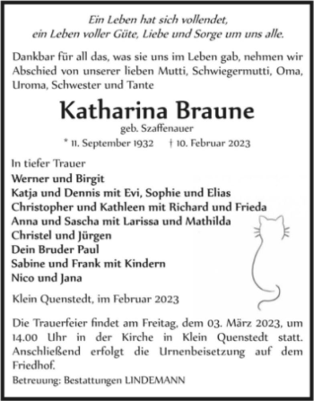 Traueranzeige von Katharina Braune (geb. Szaffenauer)  von Magdeburger Volksstimme