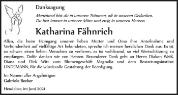 Traueranzeige von Katharina Fähnrich  von Magdeburger Volksstimme
