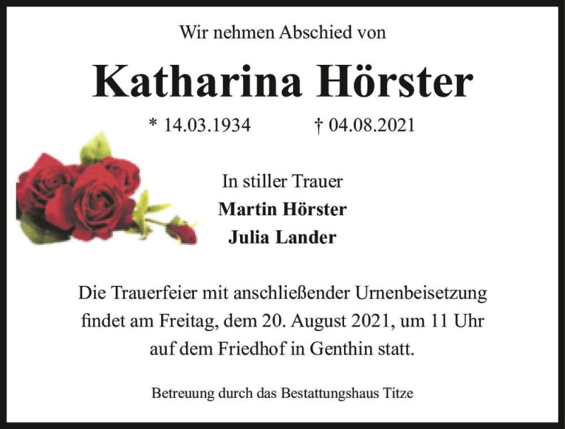  Traueranzeige für Katharina Hörster  vom 14.08.2021 aus Magdeburger Volksstimme