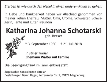 Traueranzeige von Katharina Johanna Schotarski (geb. Becker)  von Magdeburger Volksstimme