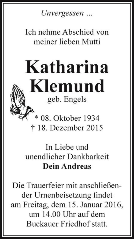  Traueranzeige für Katharina Klemund (geb. Engels)  vom 28.12.2015 aus Magdeburger Volksstimme
