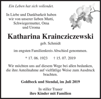 Traueranzeige von Katharina Kraincziszewski (geb. Schmidt)  von Magdeburger Volksstimme