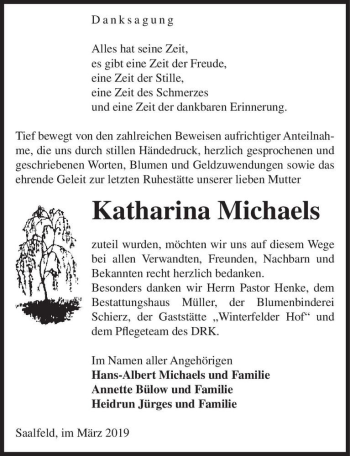 Traueranzeige von Katharina Michaels  von Magdeburger Volksstimme