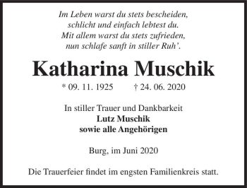 Traueranzeige von Katharina Muschik  von Magdeburger Volksstimme