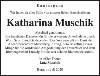 Traueranzeige von Katharina Muschik  von Magdeburger Volksstimme